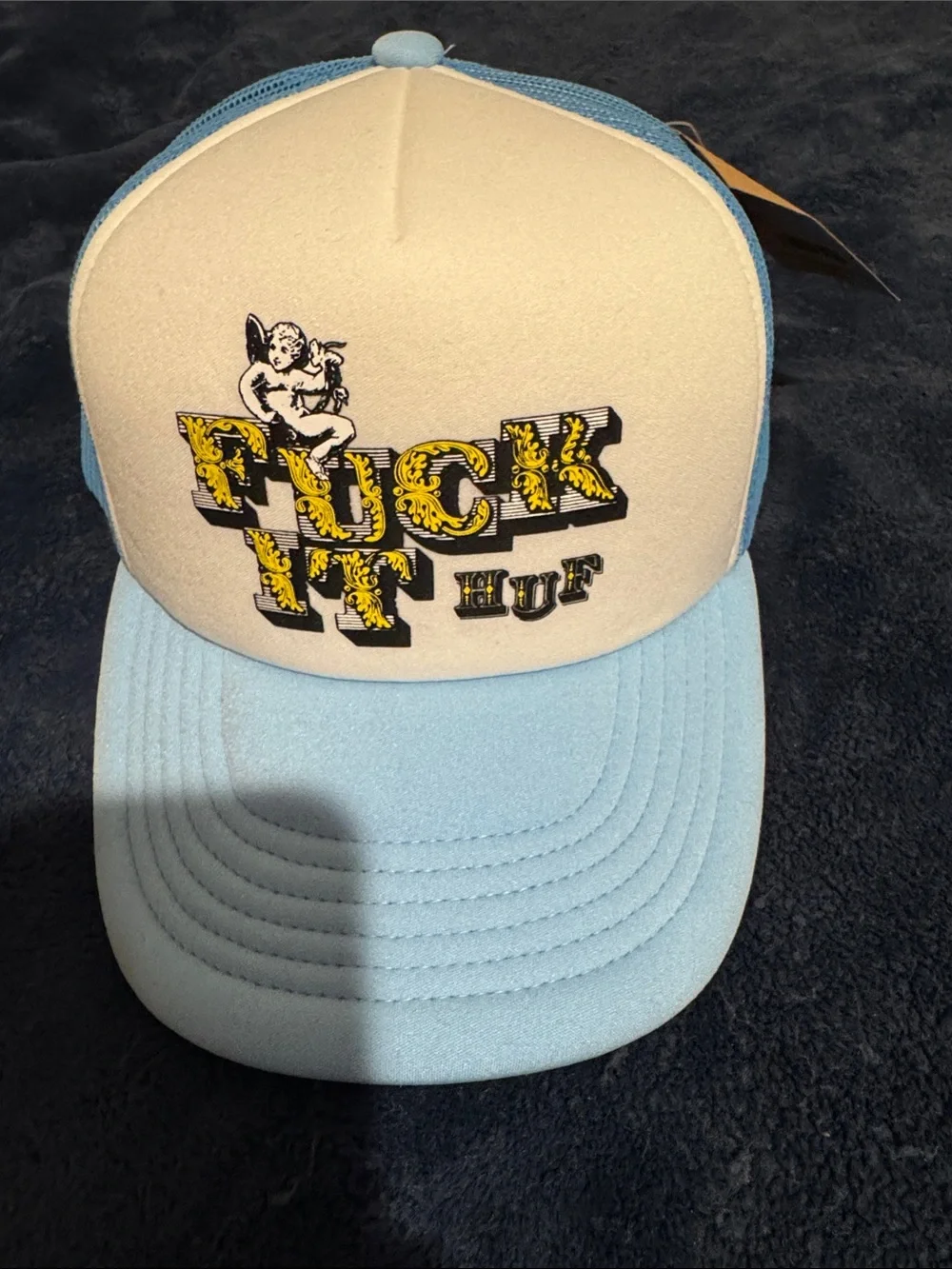 HUF Kids Cream Front Light Blue Trucker Hat with Yellow Graphic